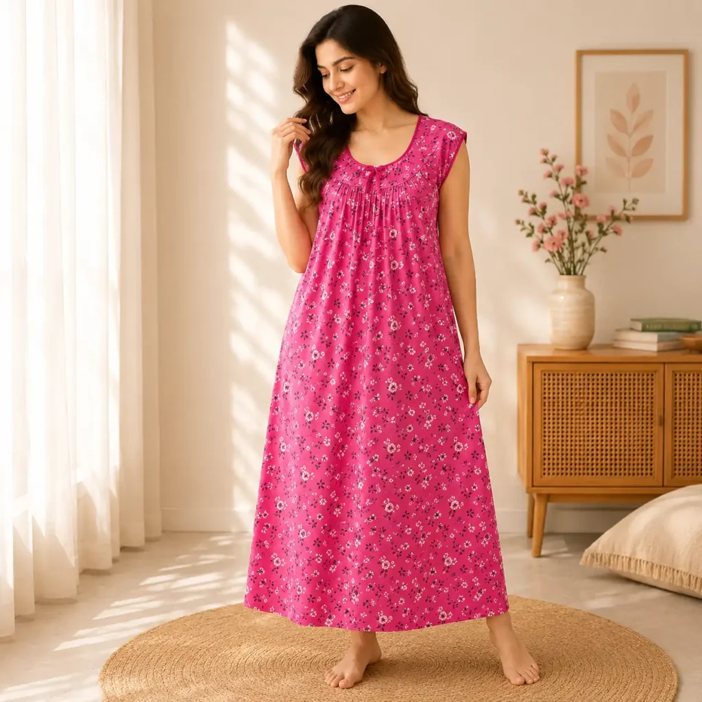 Women Rani Pink Cotton Printed Nighty Comfortable Nightwear