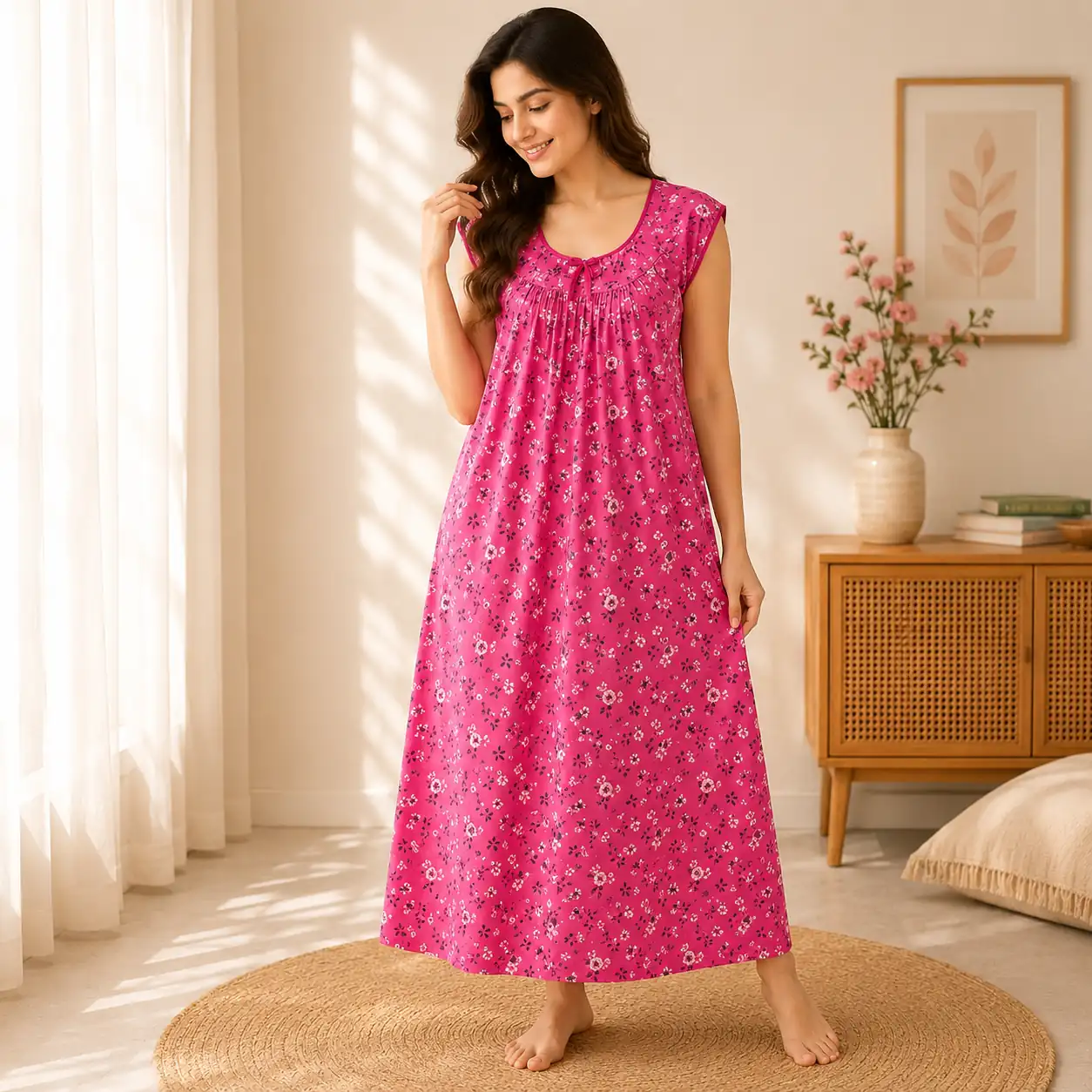 Stylish rani pink cotton printed nighty with soft comfort fit.