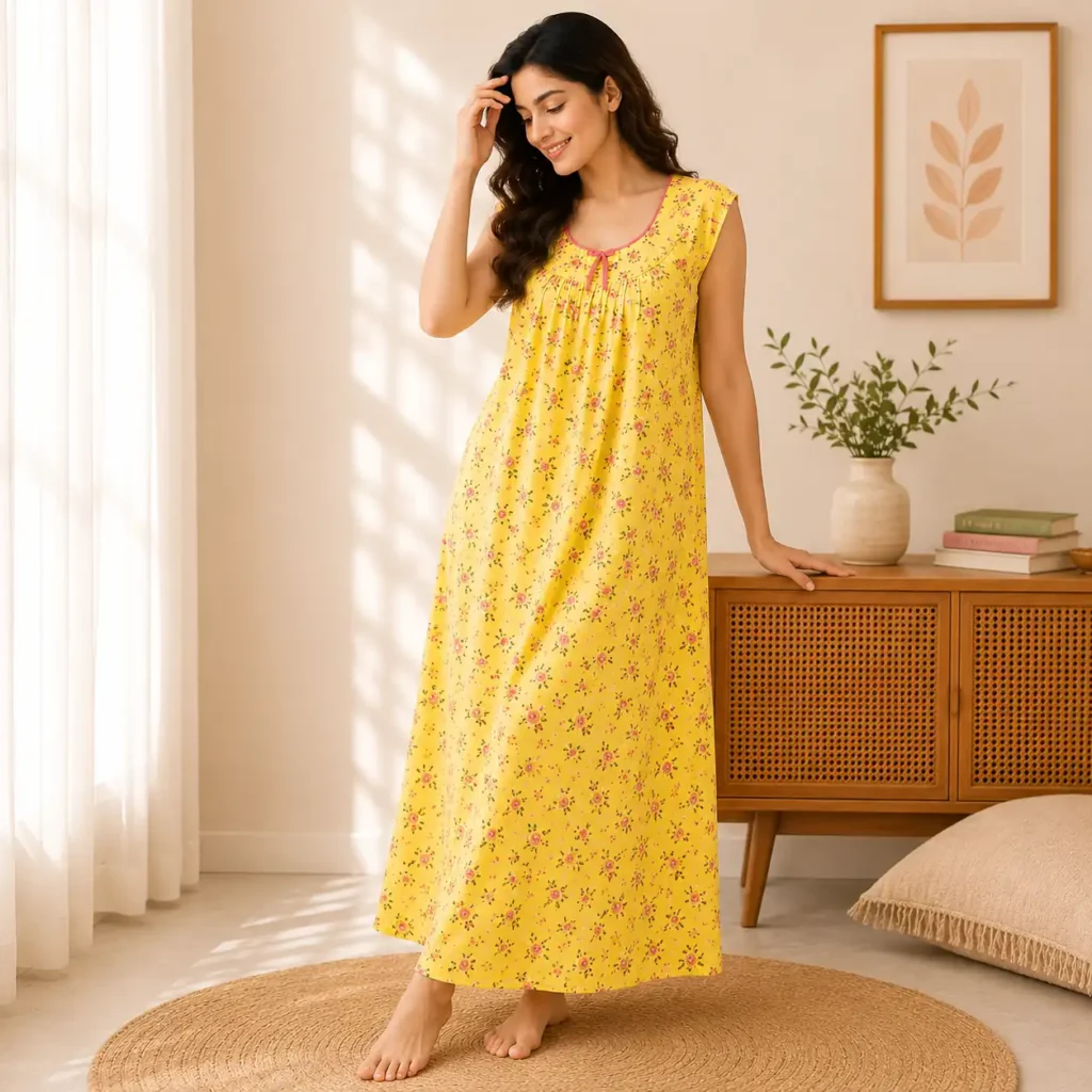 Women Yellow Cotton Printed Nighty Soft Floral Daily Wear Nightdress