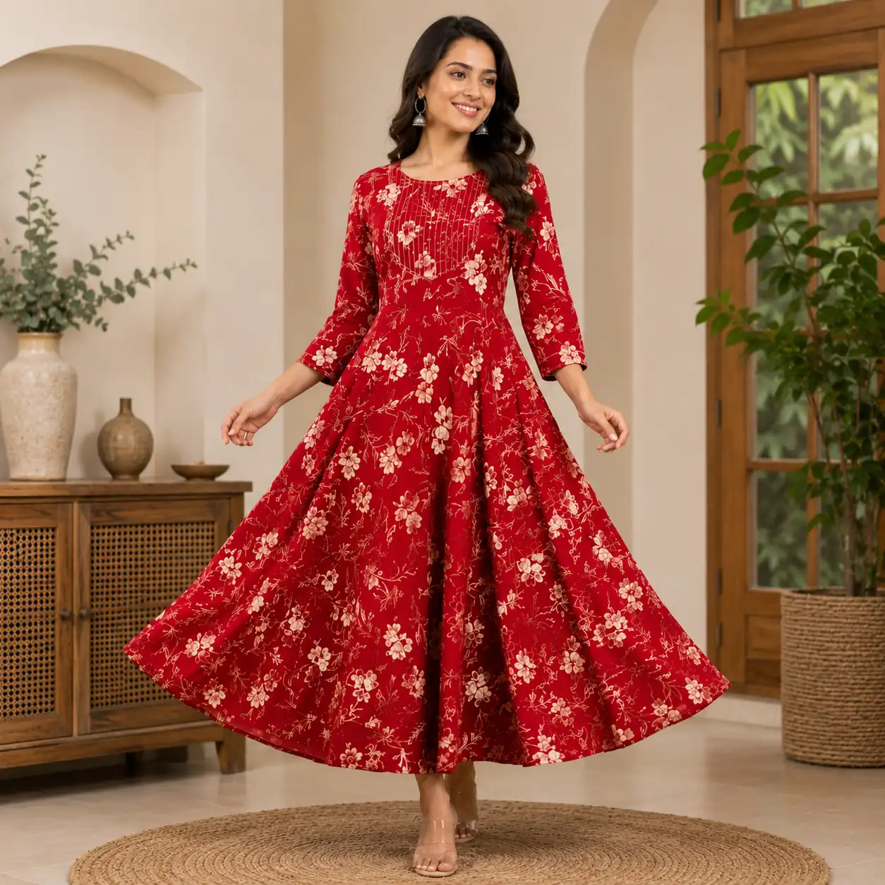 Beautiful cherry red flared kurti with floral print for daily wear