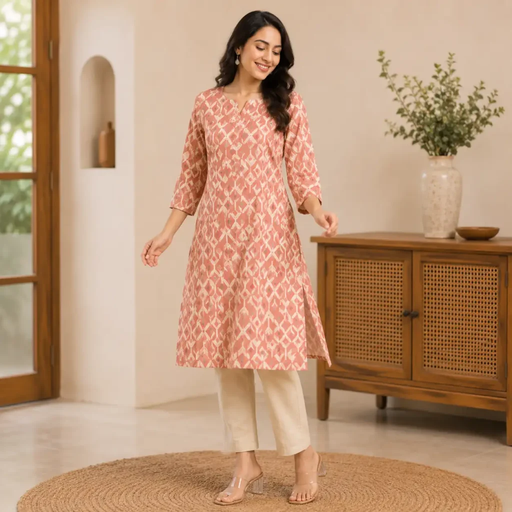 Woman wearing dusty peach geometric printed straight kurti in premium home background