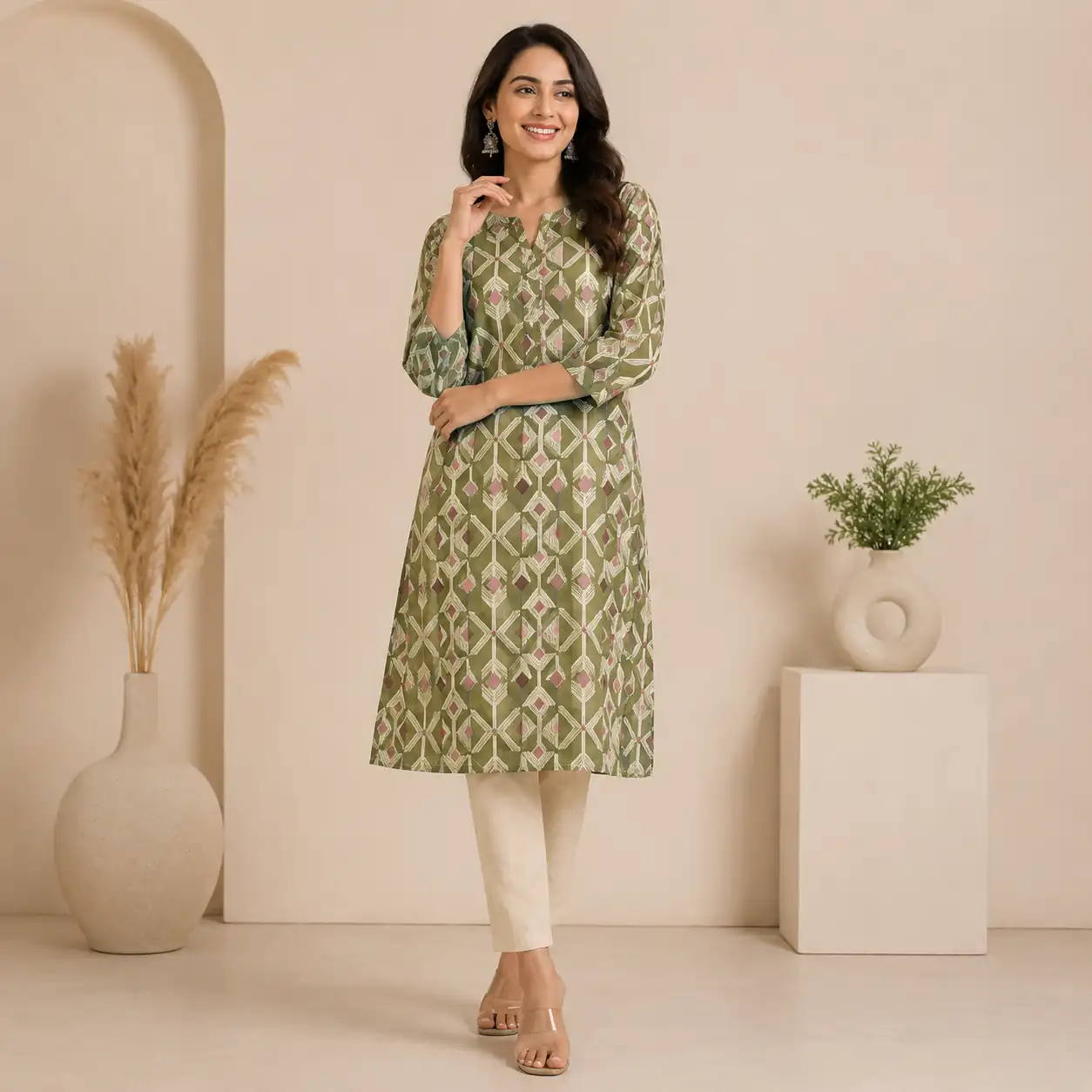 Trendy olive green straight kurti with modern geometric patterns