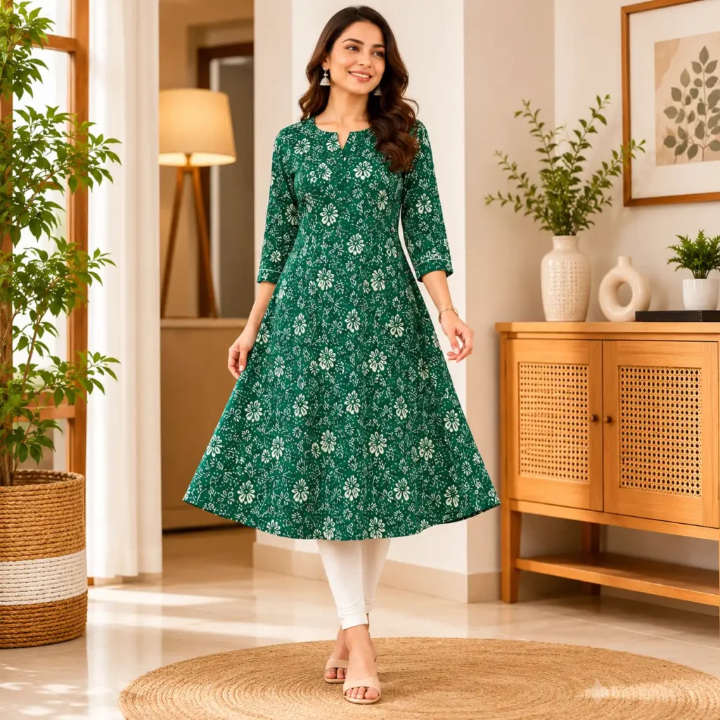 Model wearing emerald green floral printed A-line kurti in stylish home background