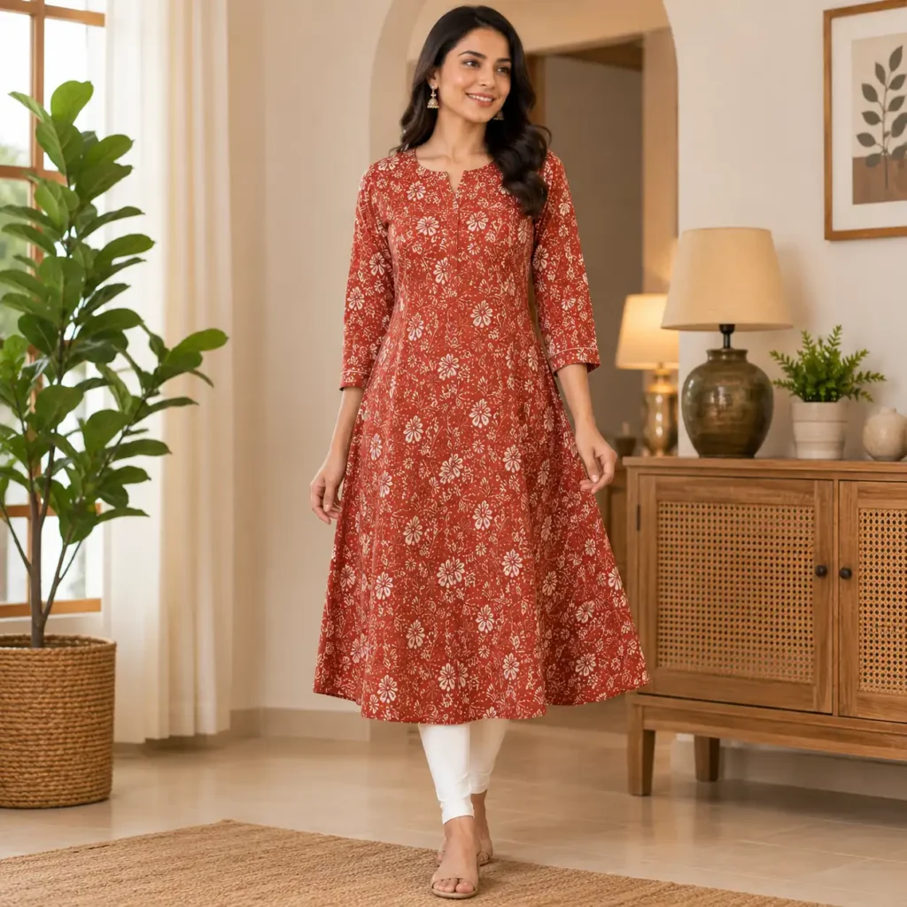 Woman in terracotta red floral A-line kurti standing in modern home interior