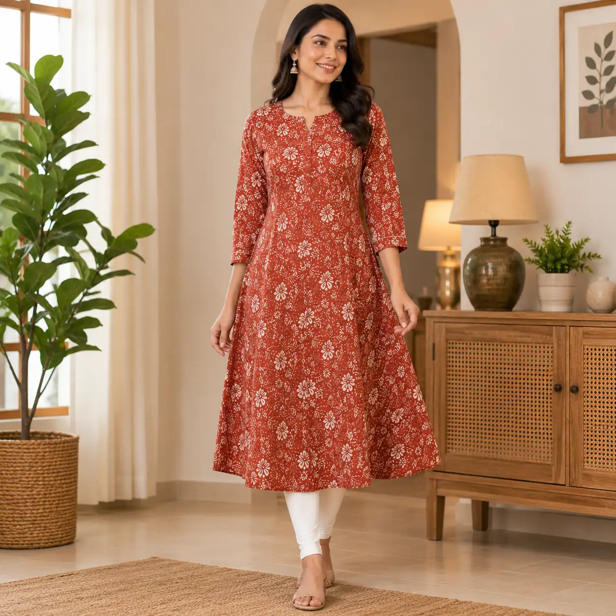 Comfortable terracotta red kurti with elegant everyday styling