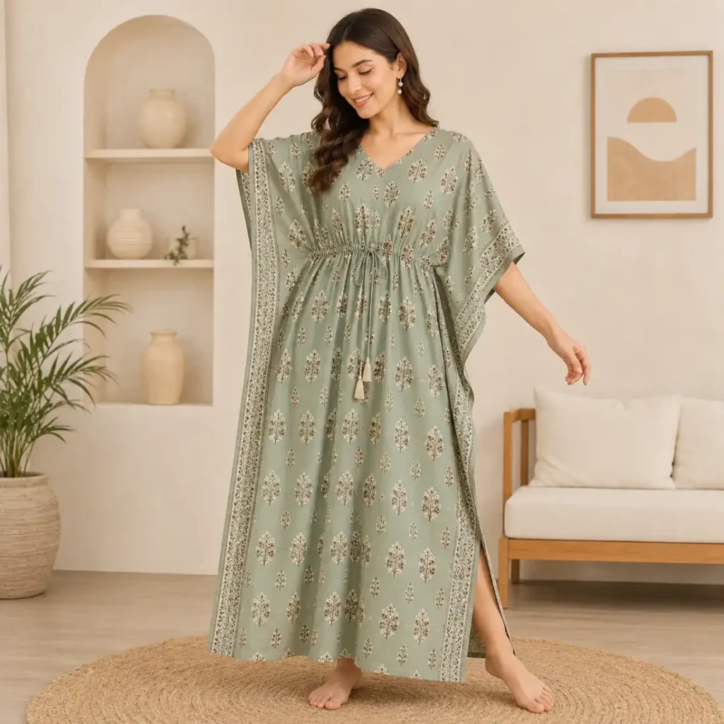 Teal green printed women’s kaftan nighty with floral motifs and relaxed lounge wear fit