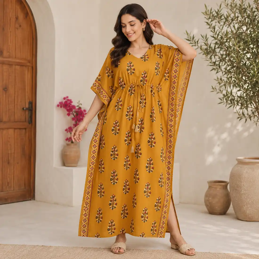 Comfortable mustard printed nighty with elegant floral patterns and relaxed kaftan style.