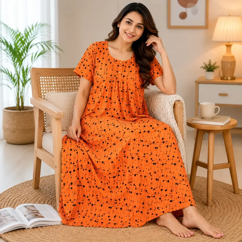 Woman wearing orange printed nighty for women