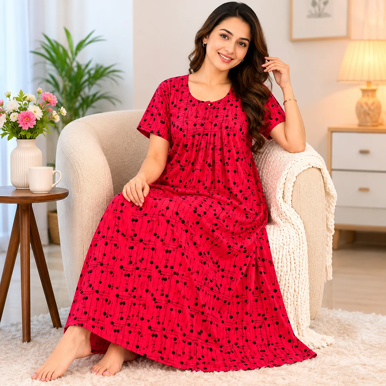 Stylish red printed women nighty with comfortable fit for daily wear and sleepwear.