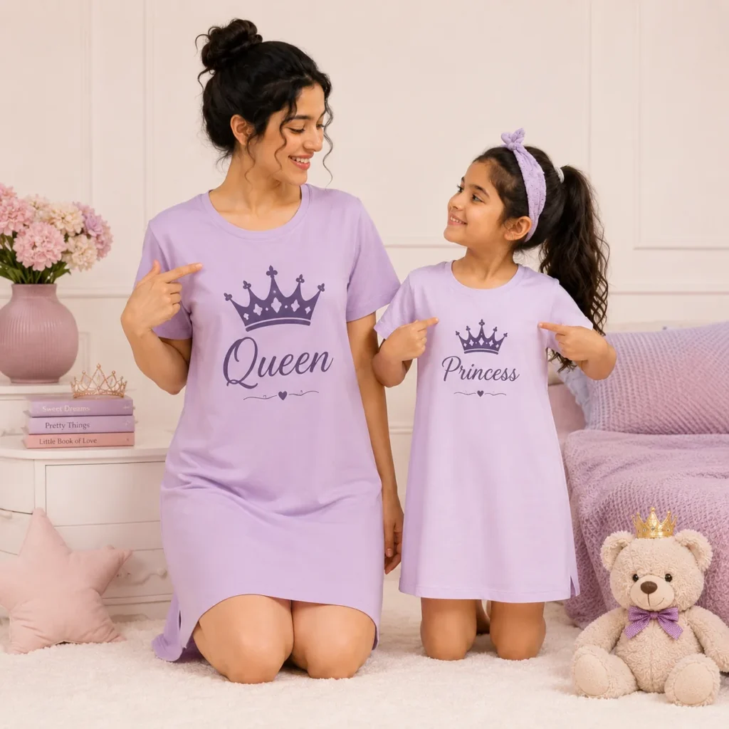 Queen Princess Matching Mother Daughter Nighty Set Soft Printed Nightwear