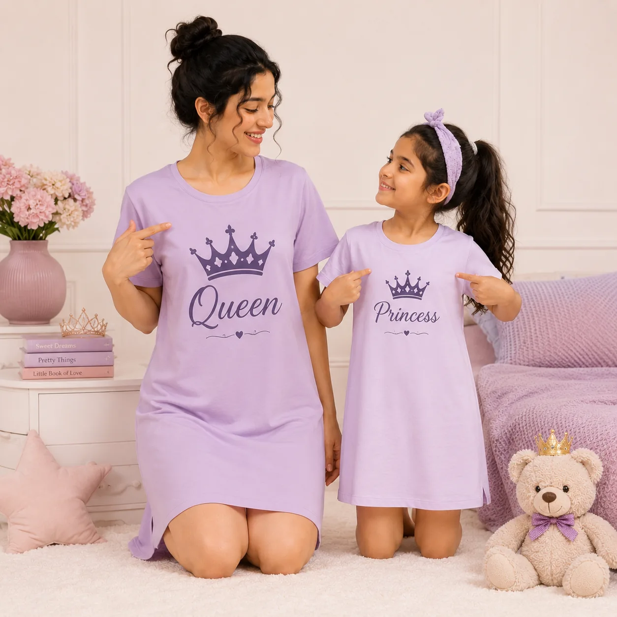 Matching queen and princess printed nighty set