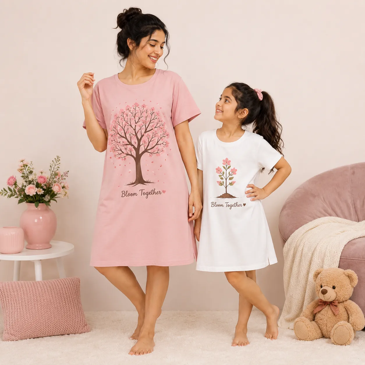 Floral themed matching mother daughter nightwear set