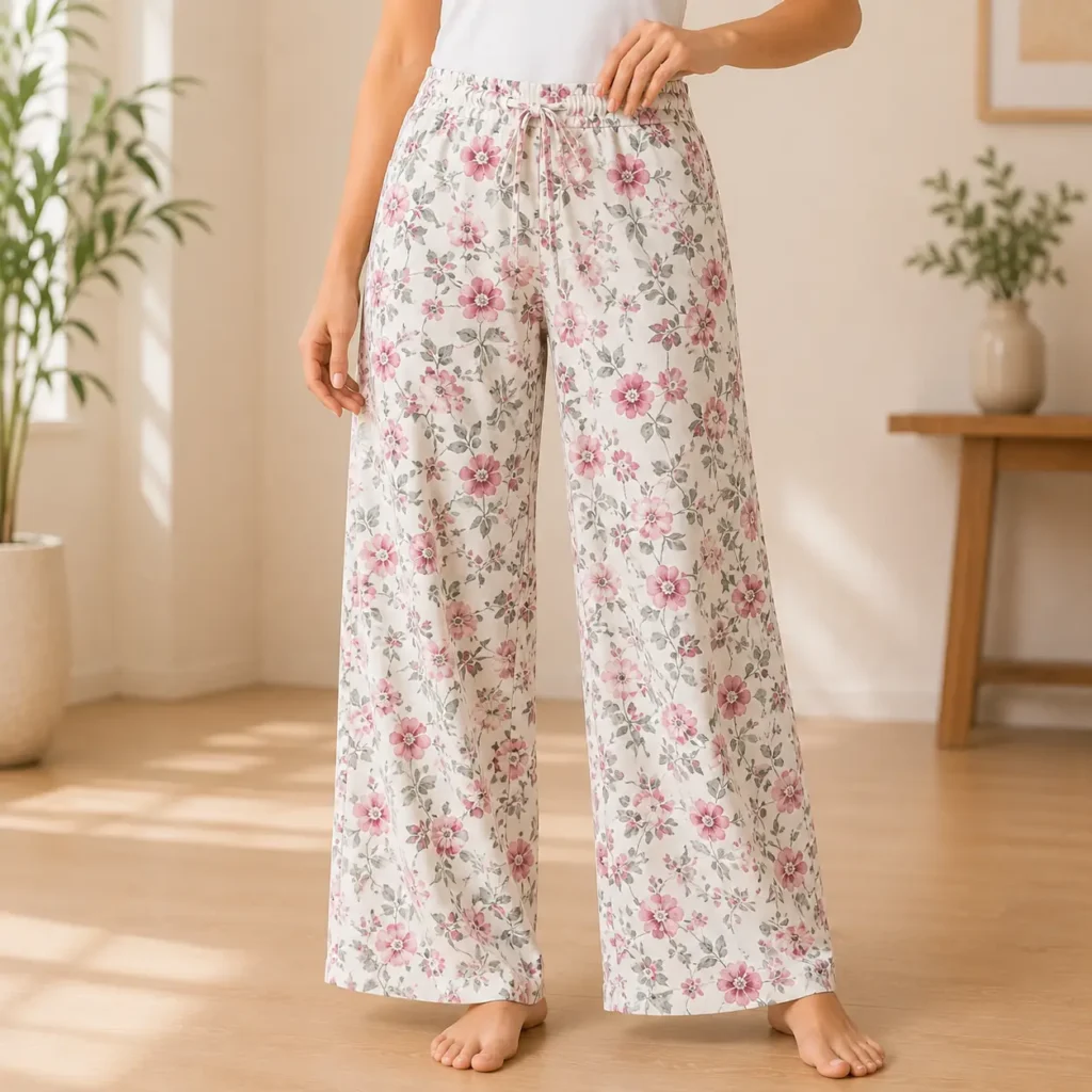 Women's floral print pyjama pants with soft elastic waistband and relaxed fit for comfortable sleepwear and loungewear.