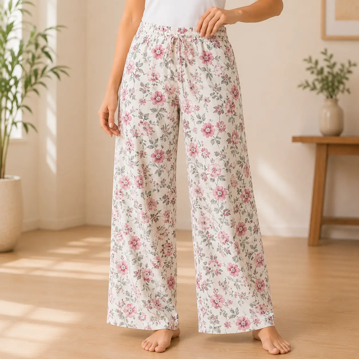 Soft floral pyjama pants designed for relaxing at home, sleeping and everyday comfort.