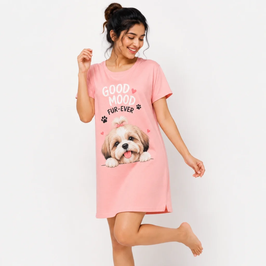 Good Mood Fur Ever Printed Women's Nighty Pink Cute Dog Print