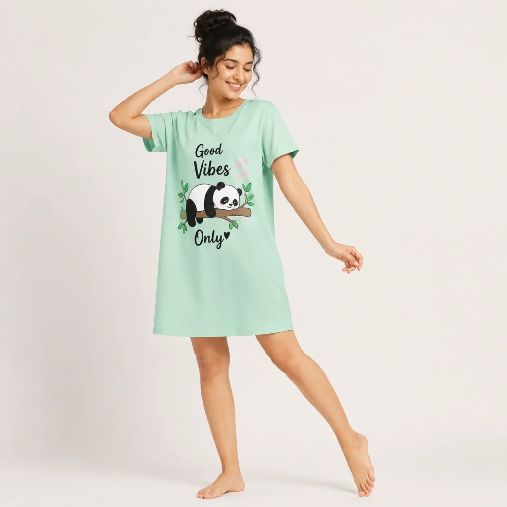 Good Vibes Panda Printed Women's Nighty Mint Green Sleepwear