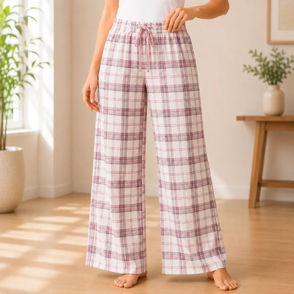 Women's grey and pink checked pyjama pants with soft elastic waistband and relaxed lounge fit.