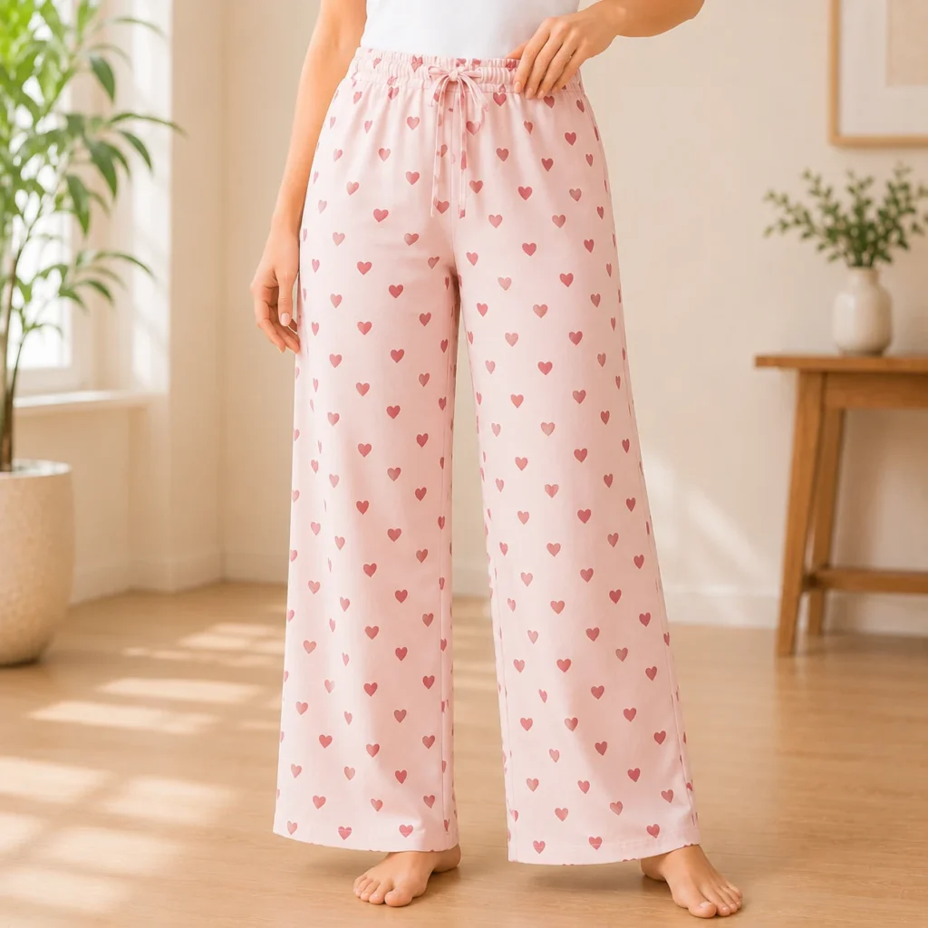 Women's pink heart print pyjama pants featuring an elastic waistband and soft breathable fabric.