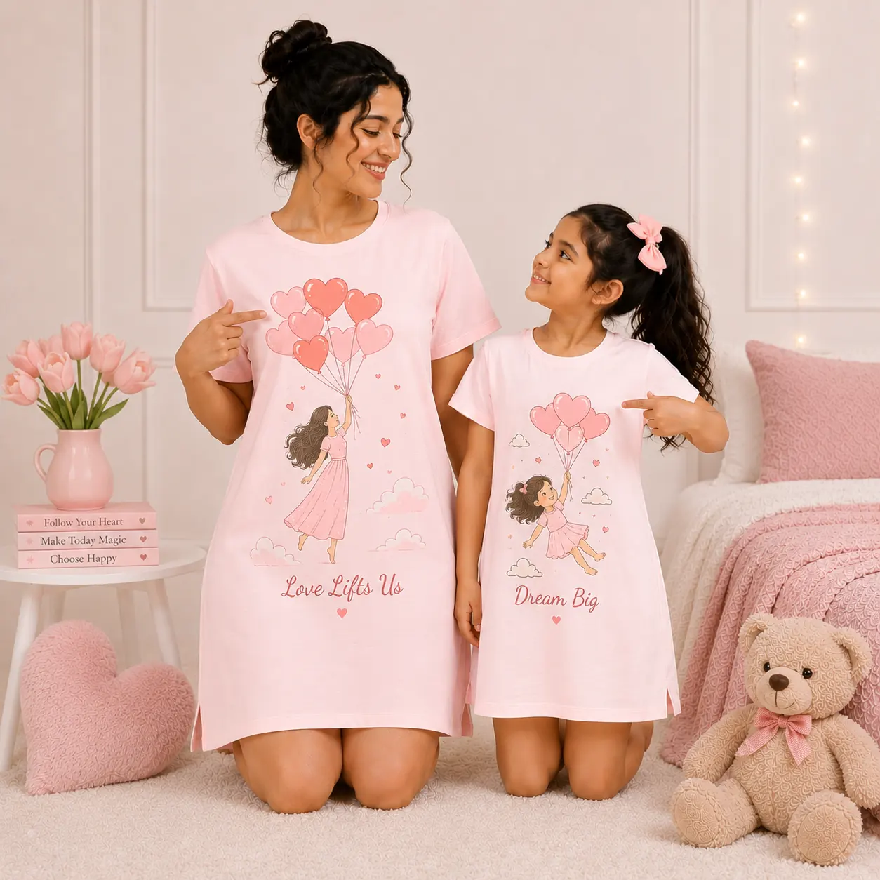 Heart themed matching mother daughter nightwear