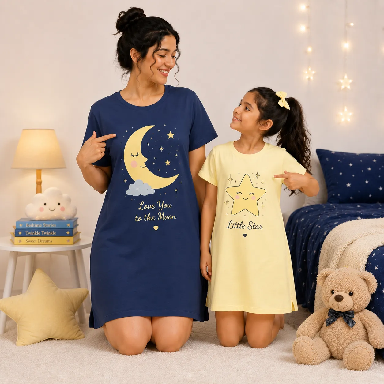 Moon and stars themed matching mother daughter nightwear
