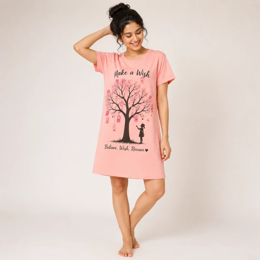 Make a Wish Tree Printed Women's Nighty Pink Soft Sleepwear
