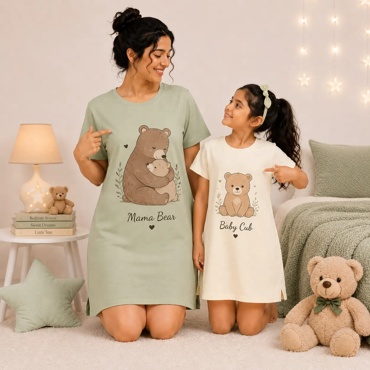 Cute bear themed matching mother daughter sleepwear