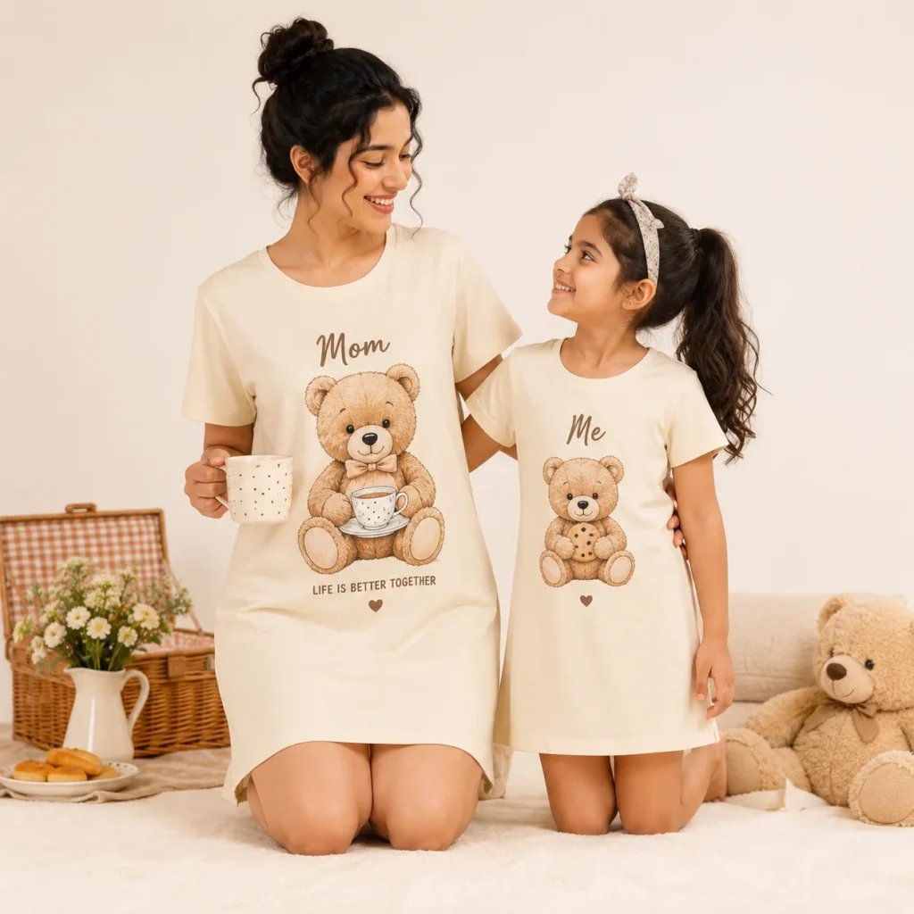 Mom Time Little Sweetie Matching Mother Daughter Nighty Set Soft Printed Sleepwear