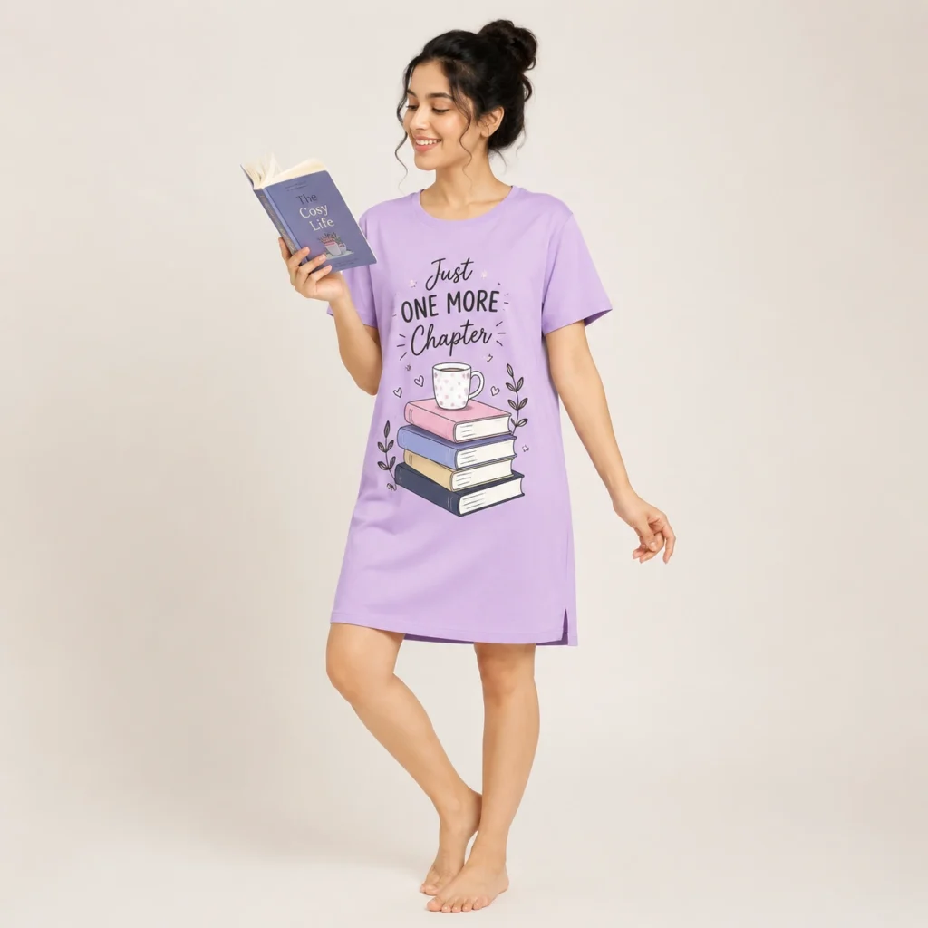 One More Chapter Printed Women's Nighty Lavender Book Lover Sleepwear