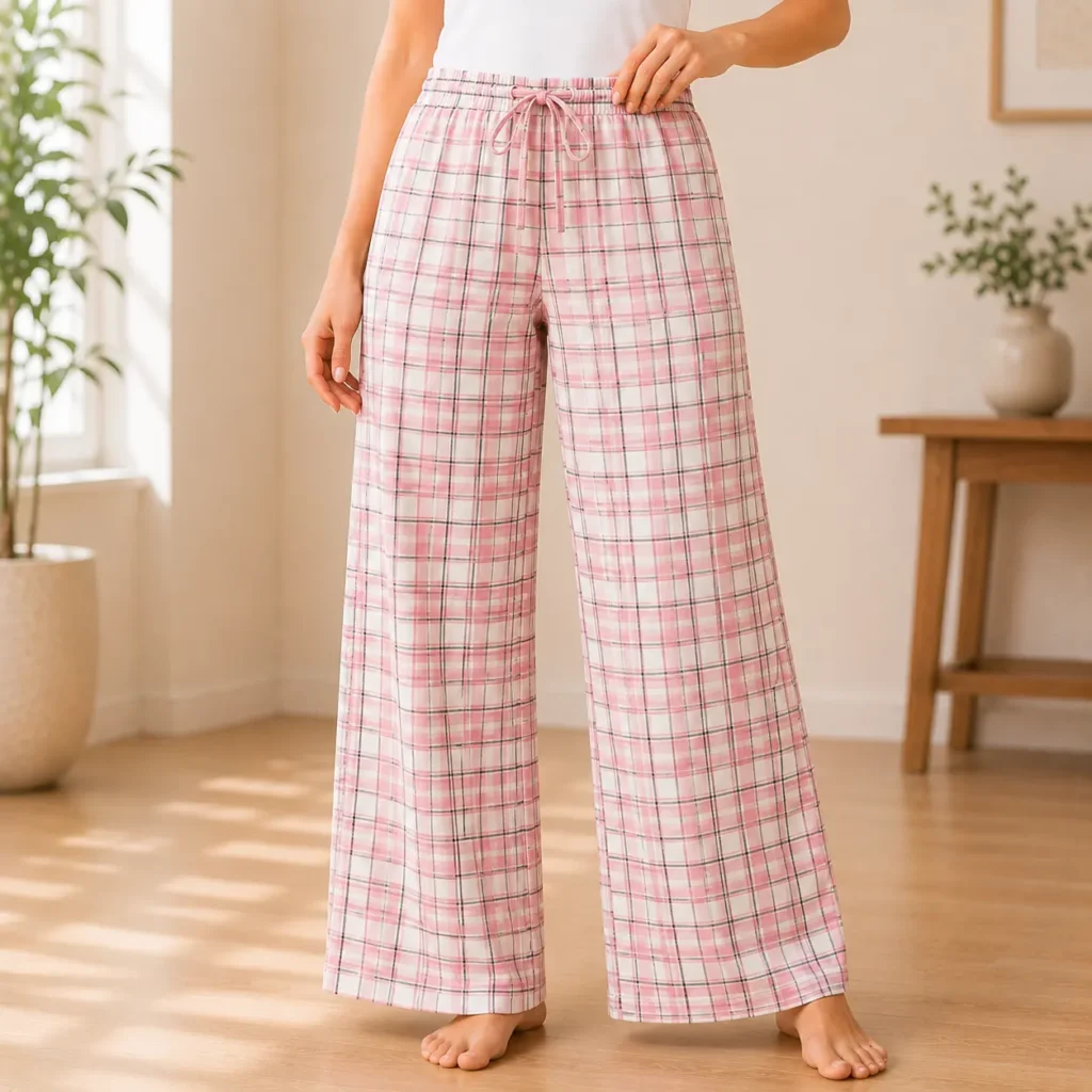 Women's pink checked pyjama pants with elastic waistband and comfortable relaxed fit.