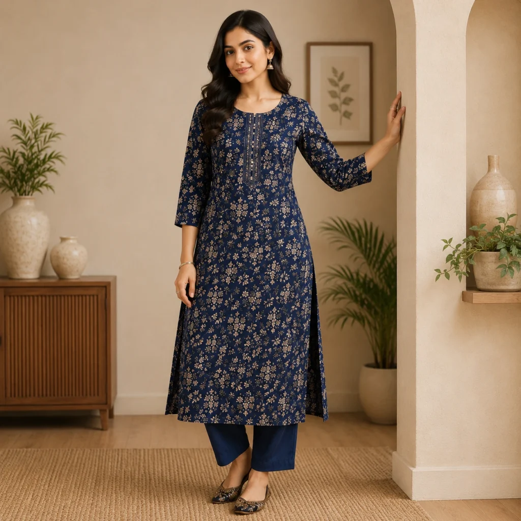 Woman wearing Smart Printed Floral Kurta in Deep Navy Blue with floral print and straight fit