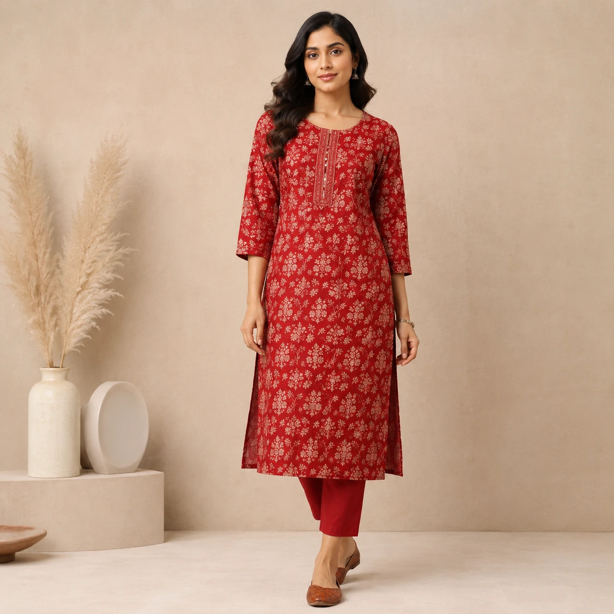 Premium floral printed cotton kurta in elegant red shade