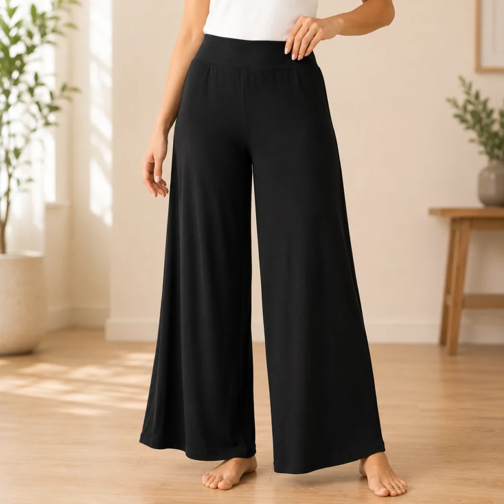 Women's solid black palazzo pants with wide leg design, stretch waistband and comfortable fit for casual wear and loungewear.