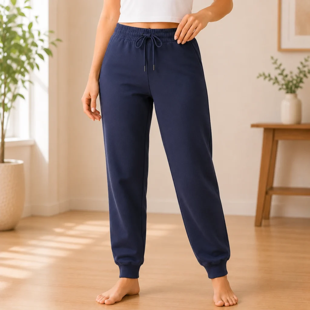 Women's solid navy jogger pants with elastic waistband, cuffed ankles and relaxed fit for casual wear and loungewear.