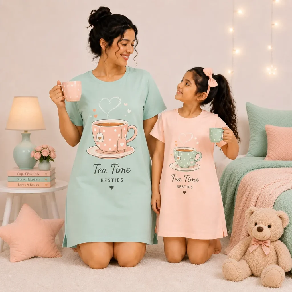 Tea Time Besties Matching Mother Daughter Nighty Set Printed Sleepwear